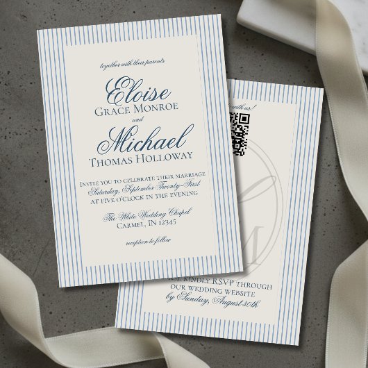 Elegante Old Money Script Blue Stripe Wedding Einladung