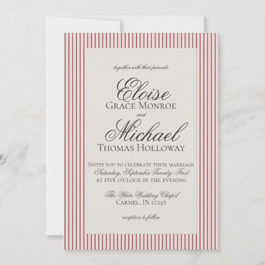 Elegante Old Money Script Red Stripe Hochzeit Einladung (Vorderseite)