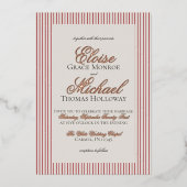 Elegante Old Money Script Red Stripe Hochzeit Folieneinladung (Vorderseite)