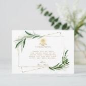 Elegante Olive Blätter Goldene Junge Erste Heilige Dankeskarte (Stehend Vorderseite)