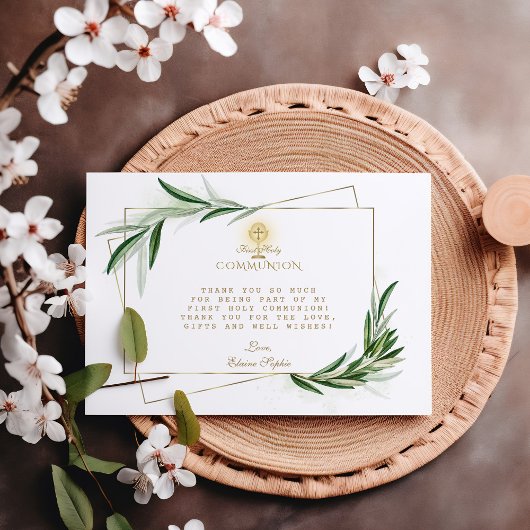 Elegante Olive Blätter Goldene Junge Erste Heilige Dankeskarte