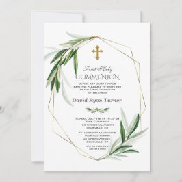 Elegante Olive Blätter Goldene Junge Erste Heilige Einladung