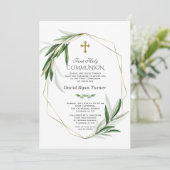 Elegante Olive Blätter Goldene Junge Erste Heilige Einladung (Stehend Vorderseite)