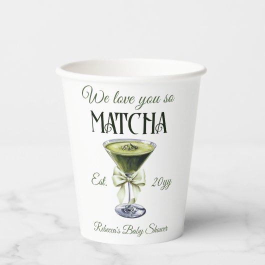 Elegante Olive Bow Liebe Sie So Matcha Baby Dusche Pappbecher (Vorderseite)