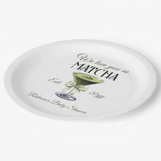 Elegante Olive Bow Liebe Sie So Matcha Baby Dusche Pappteller (Schrägansicht)