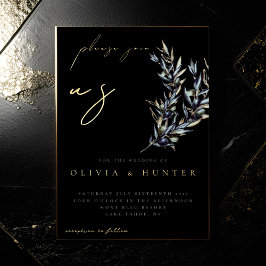 Elegante Olive Branch Black and Gold Wedding Folieneinladung