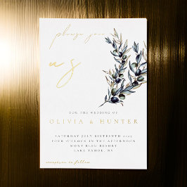 Elegante Olive Branch White and Gold Wedding Folieneinladung