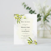 Elegante Olive Branches Save the Date Ankündigungspostkarte (Stehend Vorderseite)