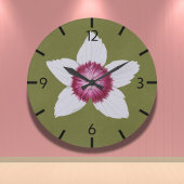 Elegante Olive Green Moderne Clematis HandGezeichn Große Wanduhr