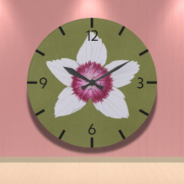 Elegante Olive Green Moderne Clematis HandGezeichn Große Wanduhr