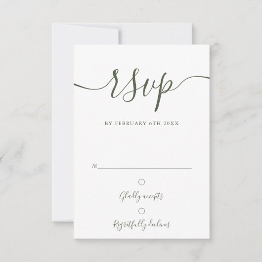 Elegante Olive Green Script Moderne Hochzeit RSVP Karte (Vorderseite)