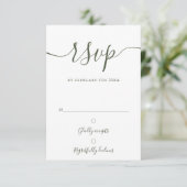 Elegante Olive Green Script Moderne Hochzeit RSVP Karte (Stehend Vorderseite)