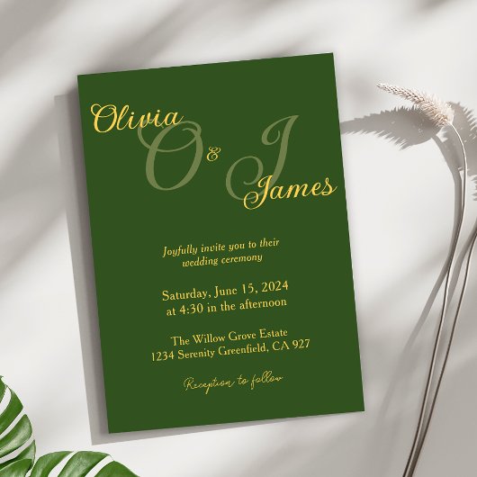 Elegante Olive Green und Gold Monogram Wedding Einladung