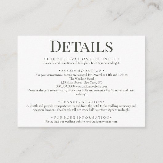 Elegante Olive Green Wedding Details Begleitkarte (Vorderseite)