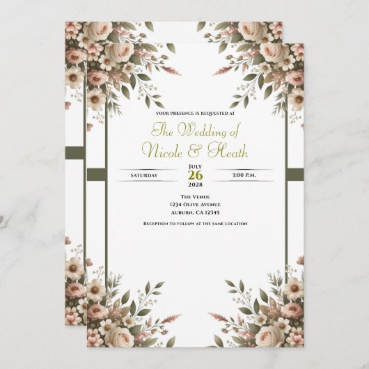 Elegante Olive Green & White Floral Corner Hochzei Einladung (Vorne/Hinten)