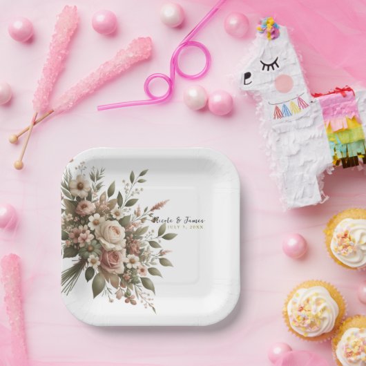 Elegante Olive Green & White Floral Corner Hochzei Pappteller (Party)