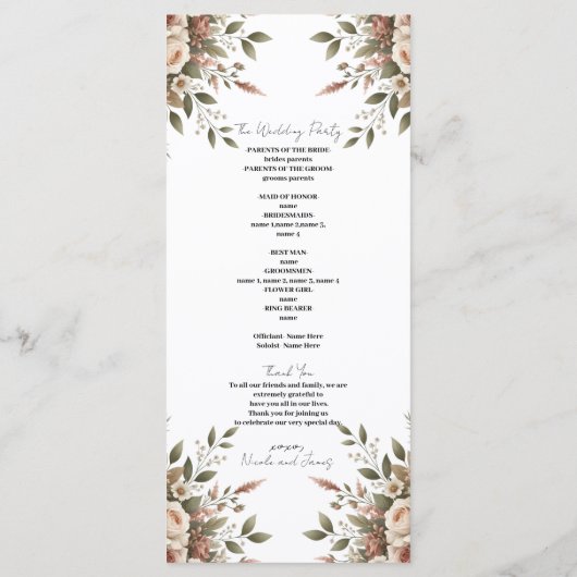 Elegante Olive Green & White Floral Corner Hochzei Programm (Rückseite)