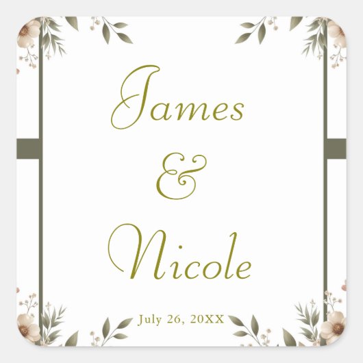 Elegante Olive Green & White Floral Corner Hochzei Quadratischer Aufkleber (Vorderseite)