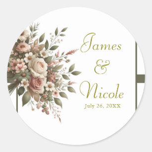 Elegante Olive Green & White Floral Corner Hochzei Runder Aufkleber
