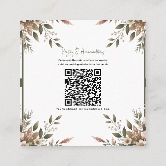 Elegante Olive Green & White Floral Wedding Detail Quadratische Visitenkarte (Rückseite)