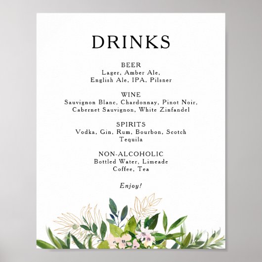 Elegante Olive Greenerity Wedding Drinks Menü Zeic Poster (Vorne)