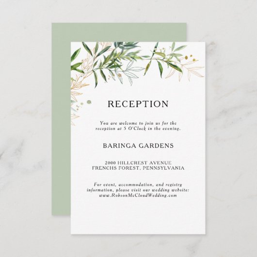 Elegante Olive Greenerity Wedding Reception Card Begleitkarte (Vorne/Hinten)