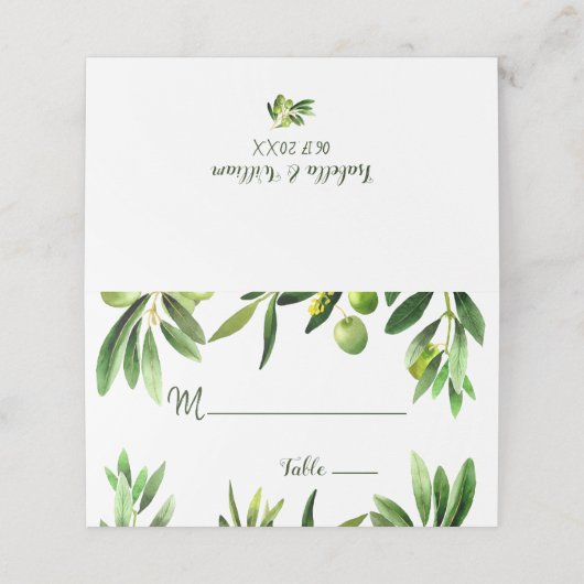 Elegante Olive Leaf Boho Garden Platzkarte (Außenseite Aufgefaltet)
