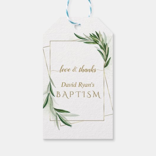 Elegante Olive Leaves Gold Boy Taufe Geschenkanhänger (Rückseite)