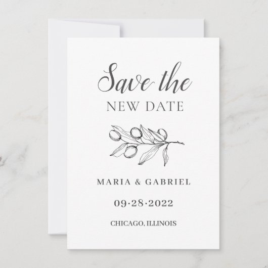 Elegante Olive.Schwarz-weiße Hochzeitänderung Save The Date (Vorderseite)