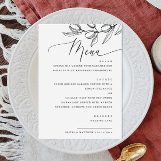 Elegante Olive Script Wedding | Italienisch Botani Menükarte