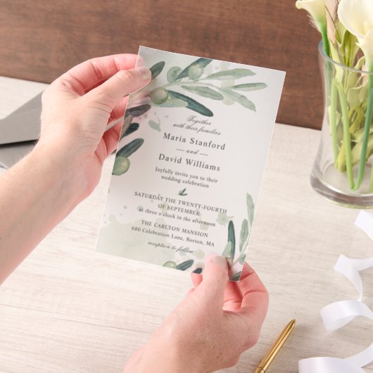 Elegante Olive Sprig Branch Wedding Pergament Einladungen (Handgehalten)