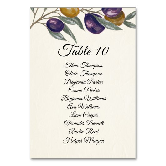 Elegante Olive Wedding Tischnummer Card mit Namen (Vorderseite)