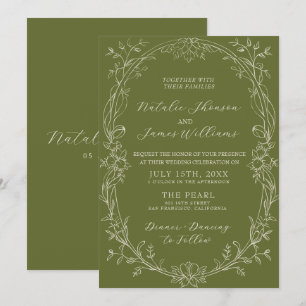 Elegante Oliven-Grün Florale Old-Money-Hochzeit Einladung