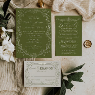 Elegante Oliven-Grün Florale Old-Money-Hochzeit Einladung