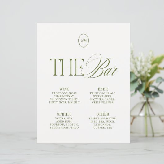 Elegante Oliven Grün The Bar Hochzeitsmenü (Stehend Vorderseite)