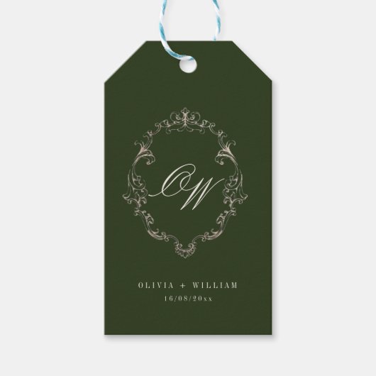 Elegante Oliven-grüne Hochzeit mit Monogramm Geschenkanhänger (Vorderseite)