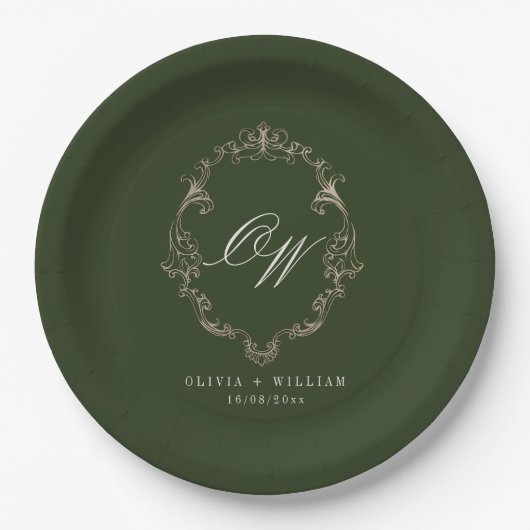 Elegante Oliven-grüne Hochzeit mit Monogramm Pappteller (Vorderseite)