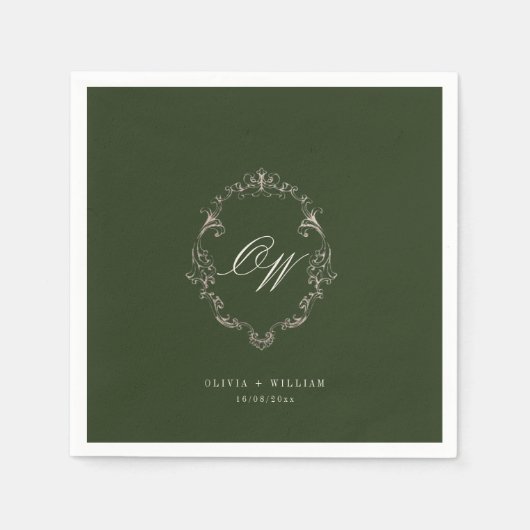 Elegante Oliven-grüne Hochzeit mit Monogramm Serviette (Vorderseite)