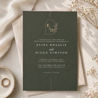 Elegante Oliven-grüne Monogramm-Hochzeit Einladung