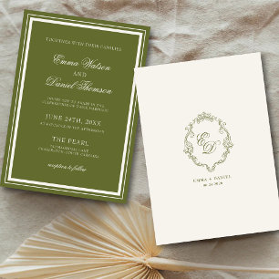 Elegante Oliven-grüne Monogramm-Hochzeit Einladung