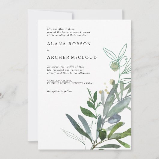 Elegante Olivenbäume Einladung zur Hochzeit (Vorderseite)