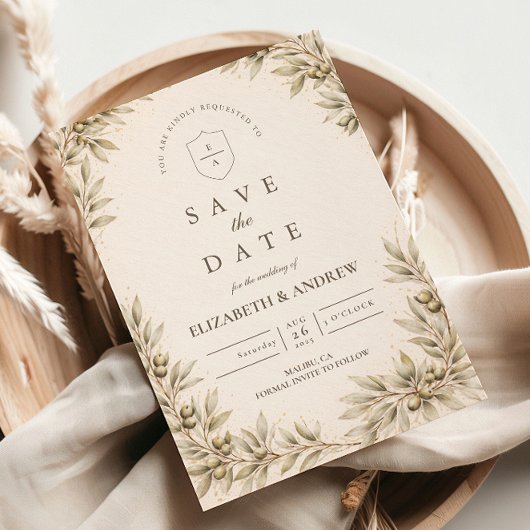 Elegante Olivenzweig-Grün-Hochzeit Save The Date
