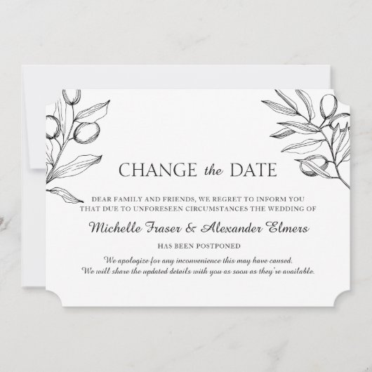Elegante Olivenzweige. Schwarz-weißer Hochzeitwech Save The Date (Vorderseite)