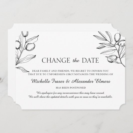 Elegante Olivenzweige. Schwarz-weißer Hochzeitwech Save The Date (Vorne/Hinten)