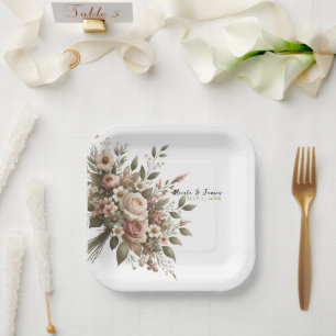 Elegante Olivgrün- und Weiße Blumen-Ecken-Hochzeit Pappteller