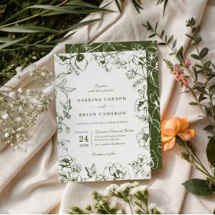 Elegante olivgrüne florale Gartenhochzeit Einladung