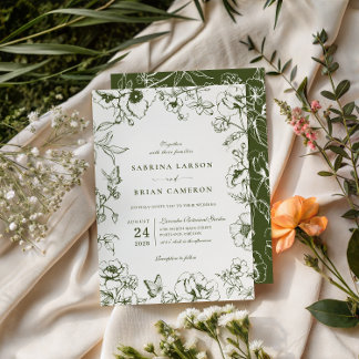 Elegante olivgrüne florale Gartenhochzeit Einladung