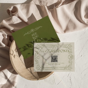 Elegante olivgrüne florale Old Money QR-Code-Hochz RSVP Karte