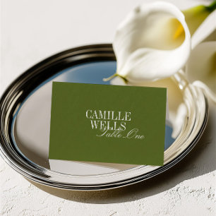 Elegante olivgrüne Hochzeitsplatzkarte Gastname Tischnummer