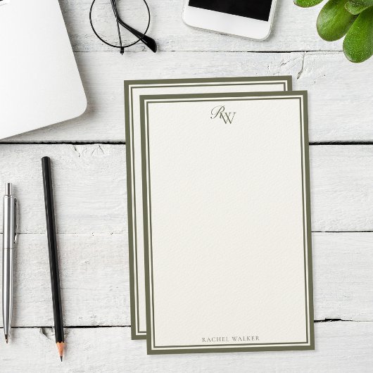 Elegante olivgrüne Monogramm-Zwei-Rahmen Briefpapier
